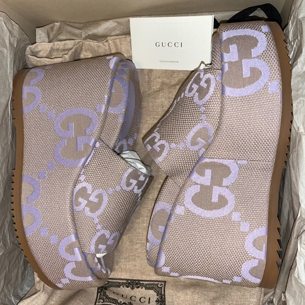 Gucci Beige and White GG Canvas Platform Slide Sandal